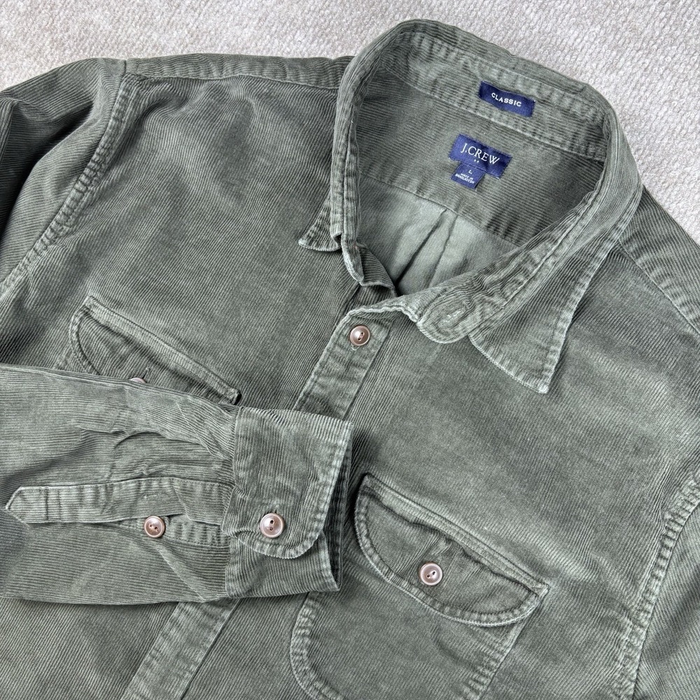 J.Crew Classic Corduroy Button Front Shirt Mens Large Green Olive Cotton Stretch